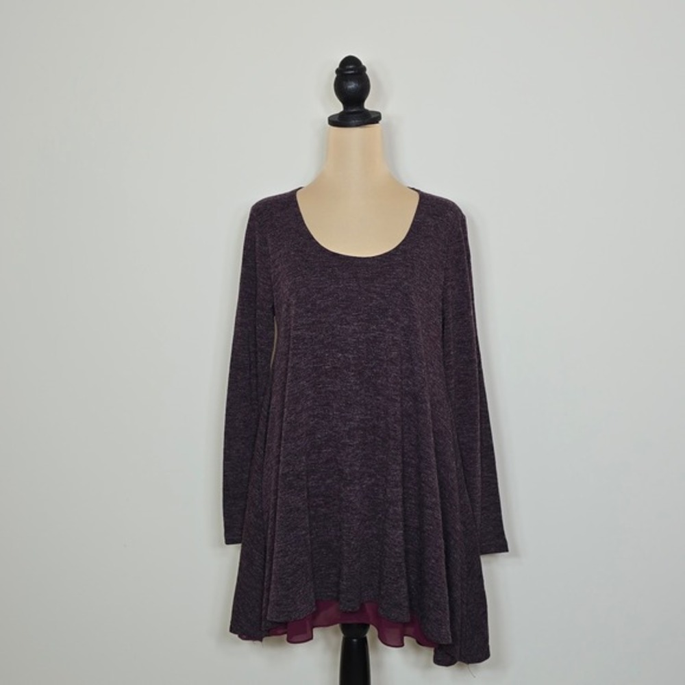 Umgee Scoopneck‎ Layered Swing Tunic Top Size S Purple Wine Marled Long Sleeve
